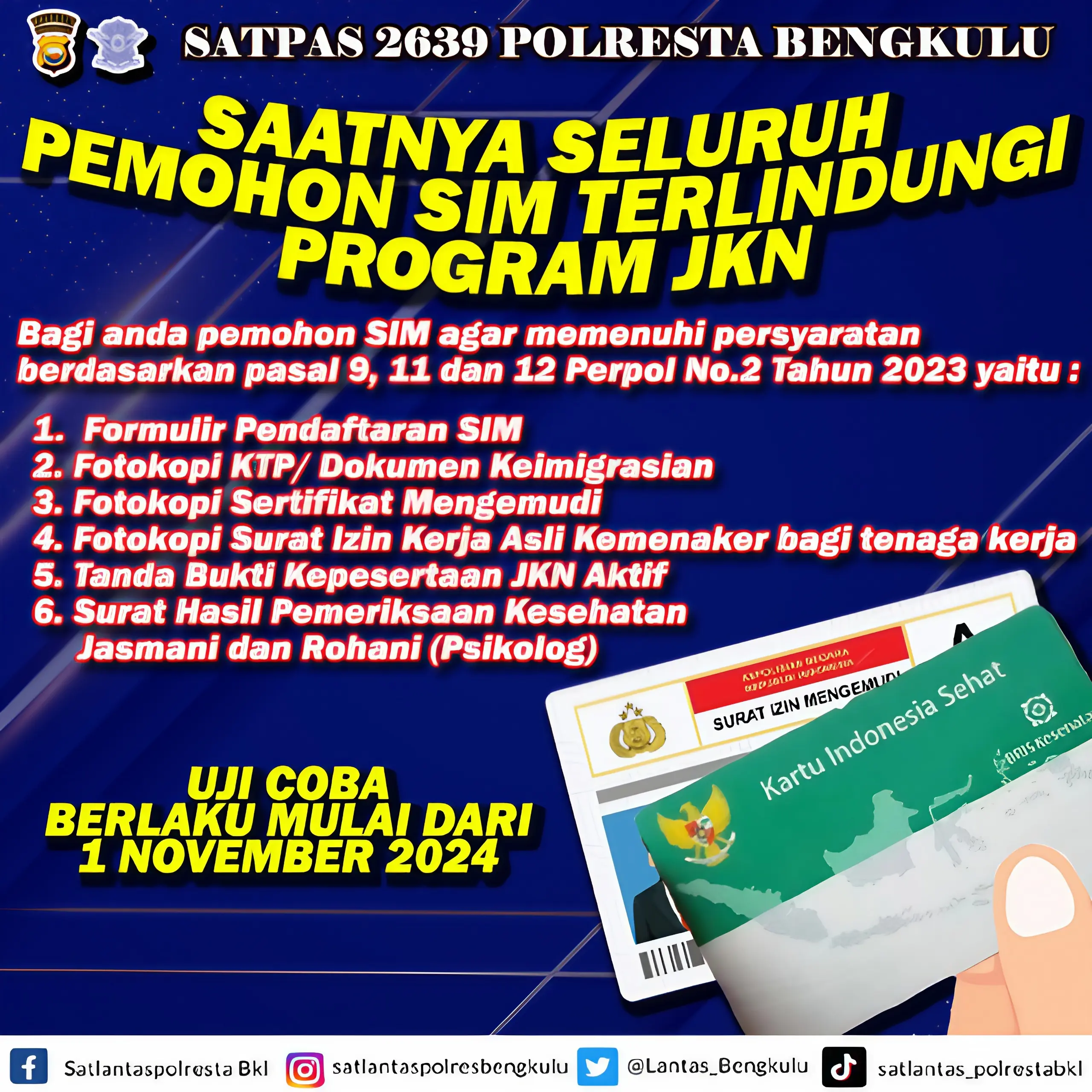 Mulai 1 November 2024, Buat SIM di Polresta Bengkulu Harus Punya Syarat ini, Simak!